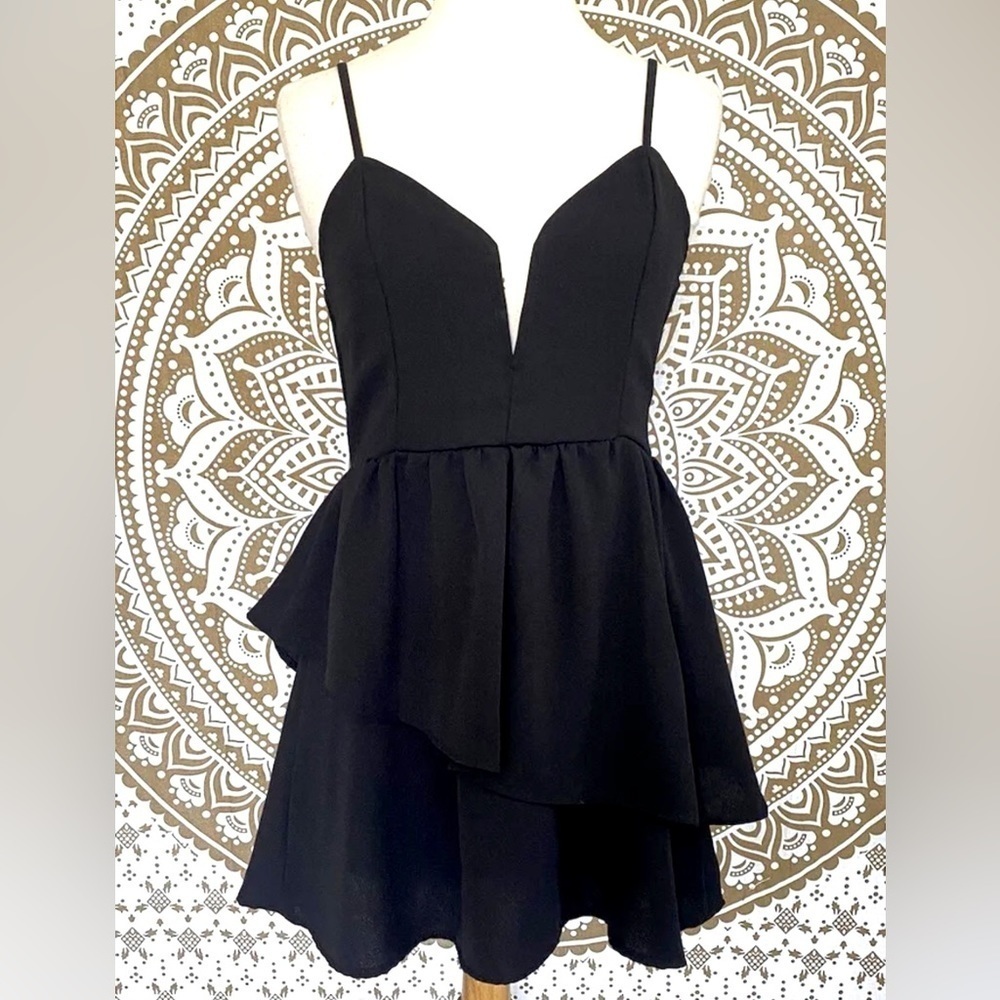 Tobi Tiered Spaghetti Strap Deep Plunge Mini Little Black Dress